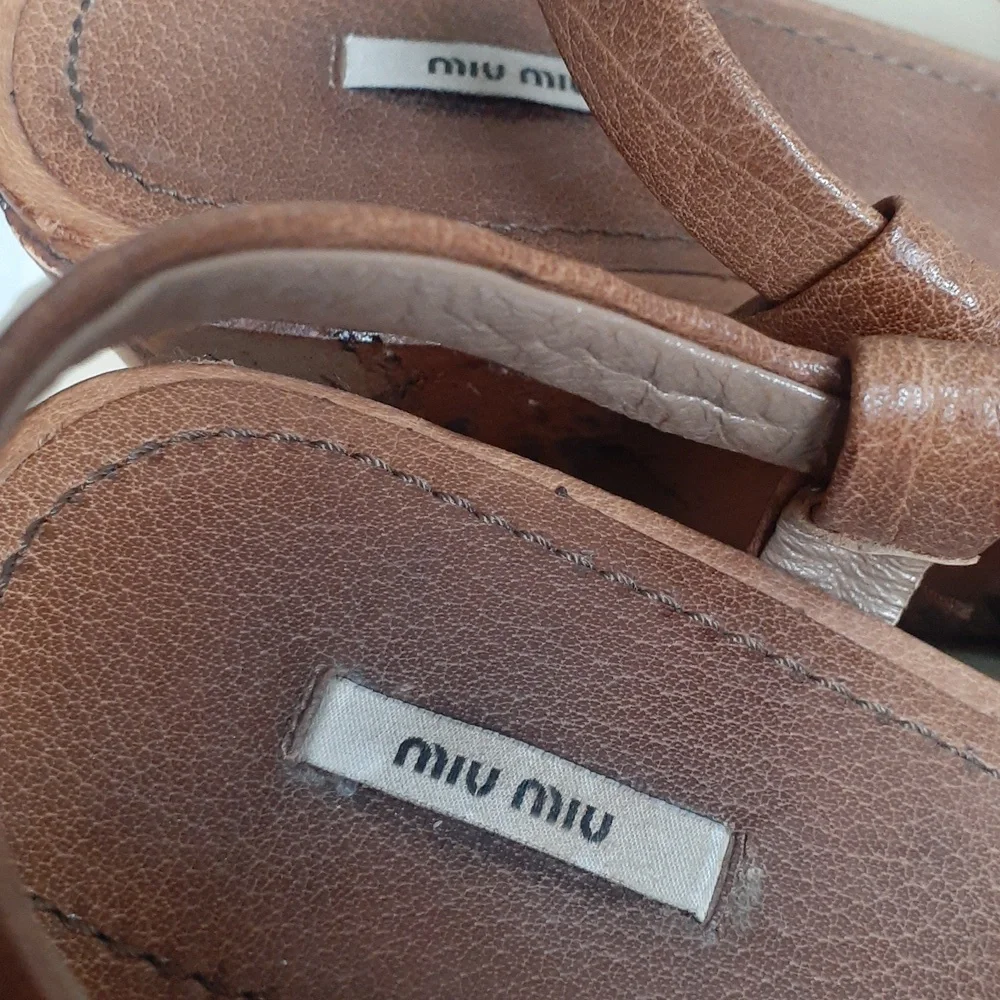 Miu Miu Leather Platform Sandals Shoes Heels Wedge Tan 41
